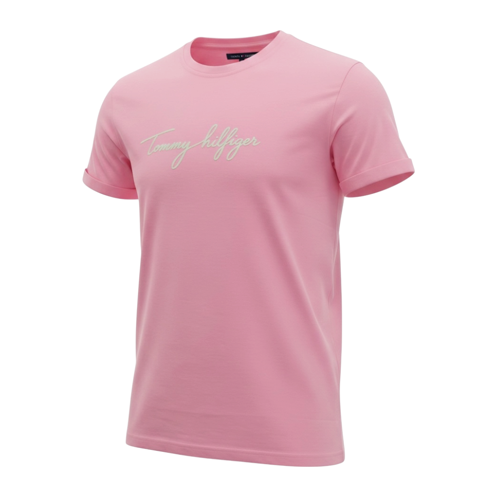 PLAYERA TOMMY HILFIGER - Rosa pastel con estampado blanco
